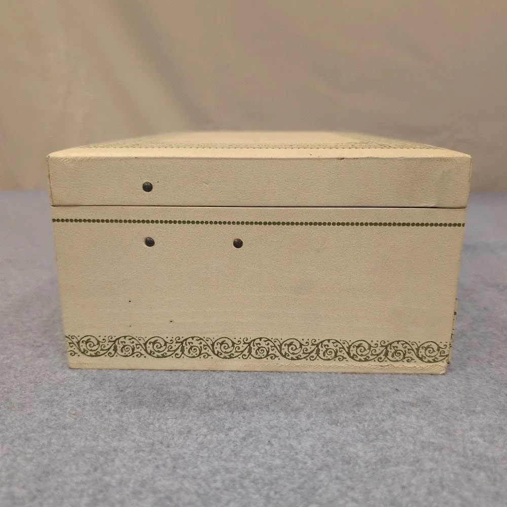 Vintage Cream Faux Leather Multi Tier‎ Jewelry Box Red Velvet Lining Filigree